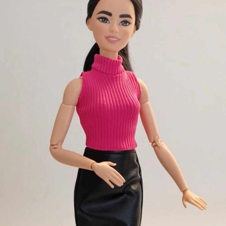 Faux Leather doll outfit:  Skirts, Shoes, Sunglasses, Pink Platform Shoes for 11.5” Fashion Dolls