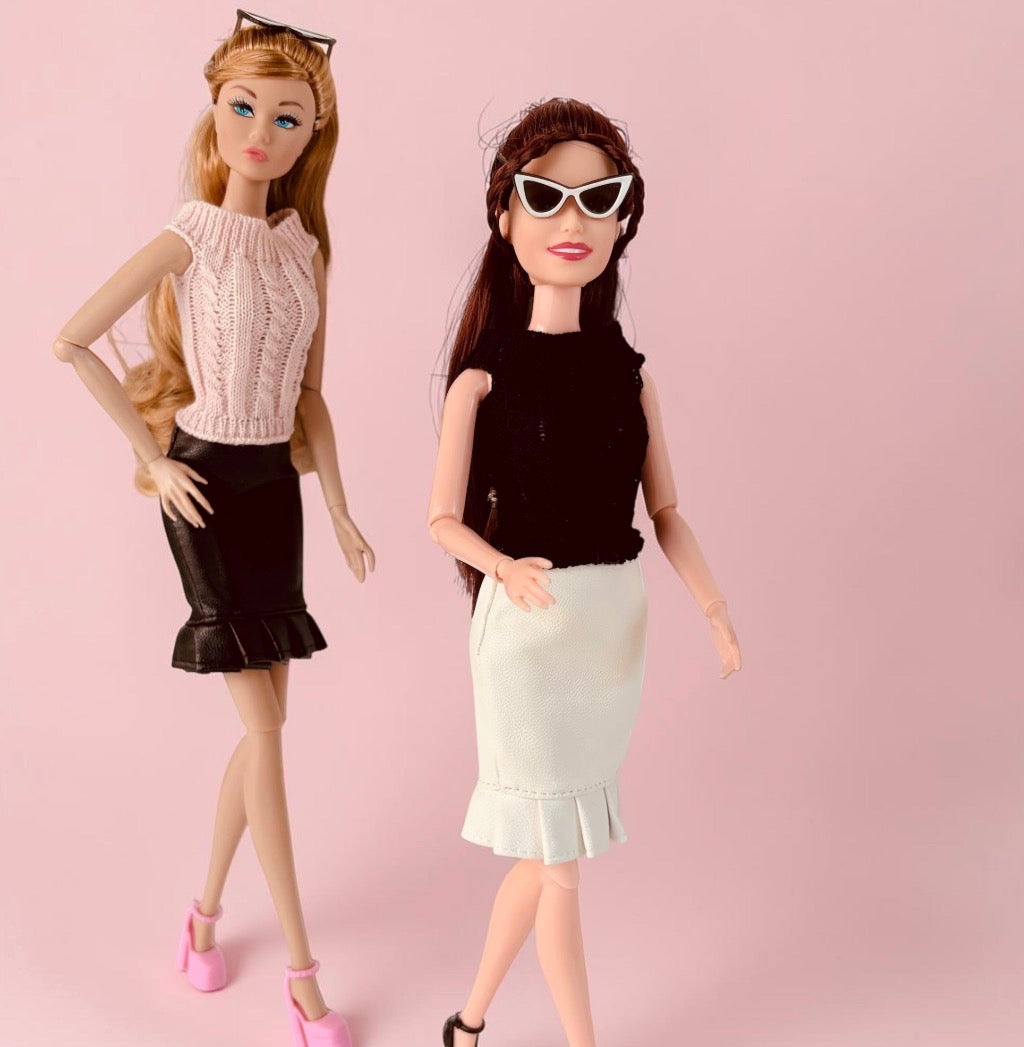 Faux Leather doll outfit:  Skirts, Shoes, Sunglasses, Pink Platform Shoes for 11.5” Fashion Dolls