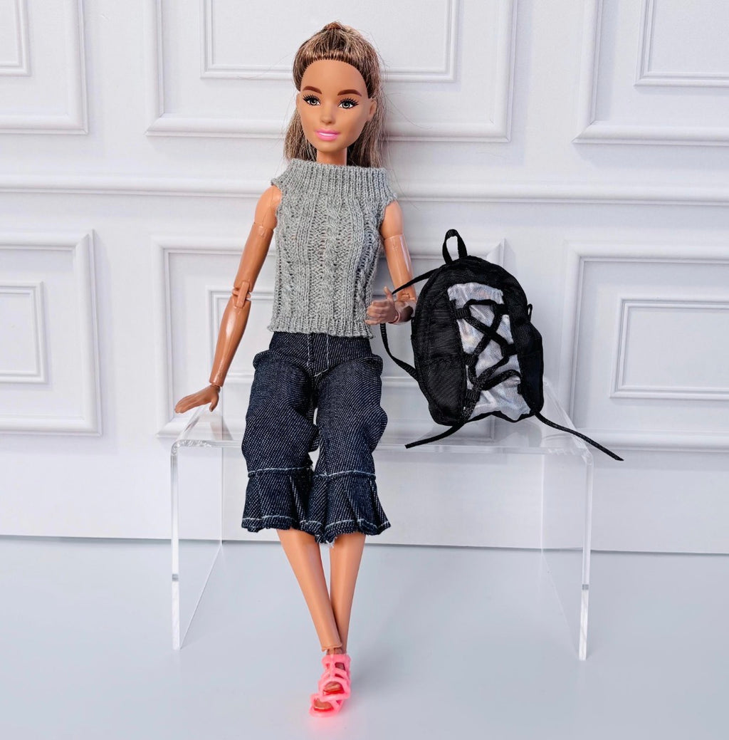 Retro Denim Peddle Pushers, Sweater, Sandals, Backpack,      11.5 Inch Fashion Doll Clothes Outfit