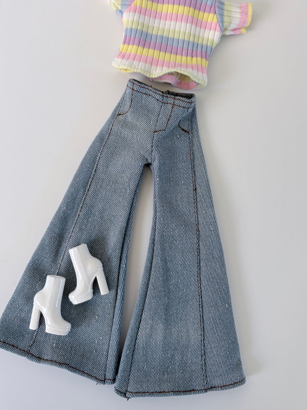 Flare Jean Doll Outfit: Pastel Rainbow Top and Chic Big Bell Jeans, Fits 11.5 inch Fashion Doll