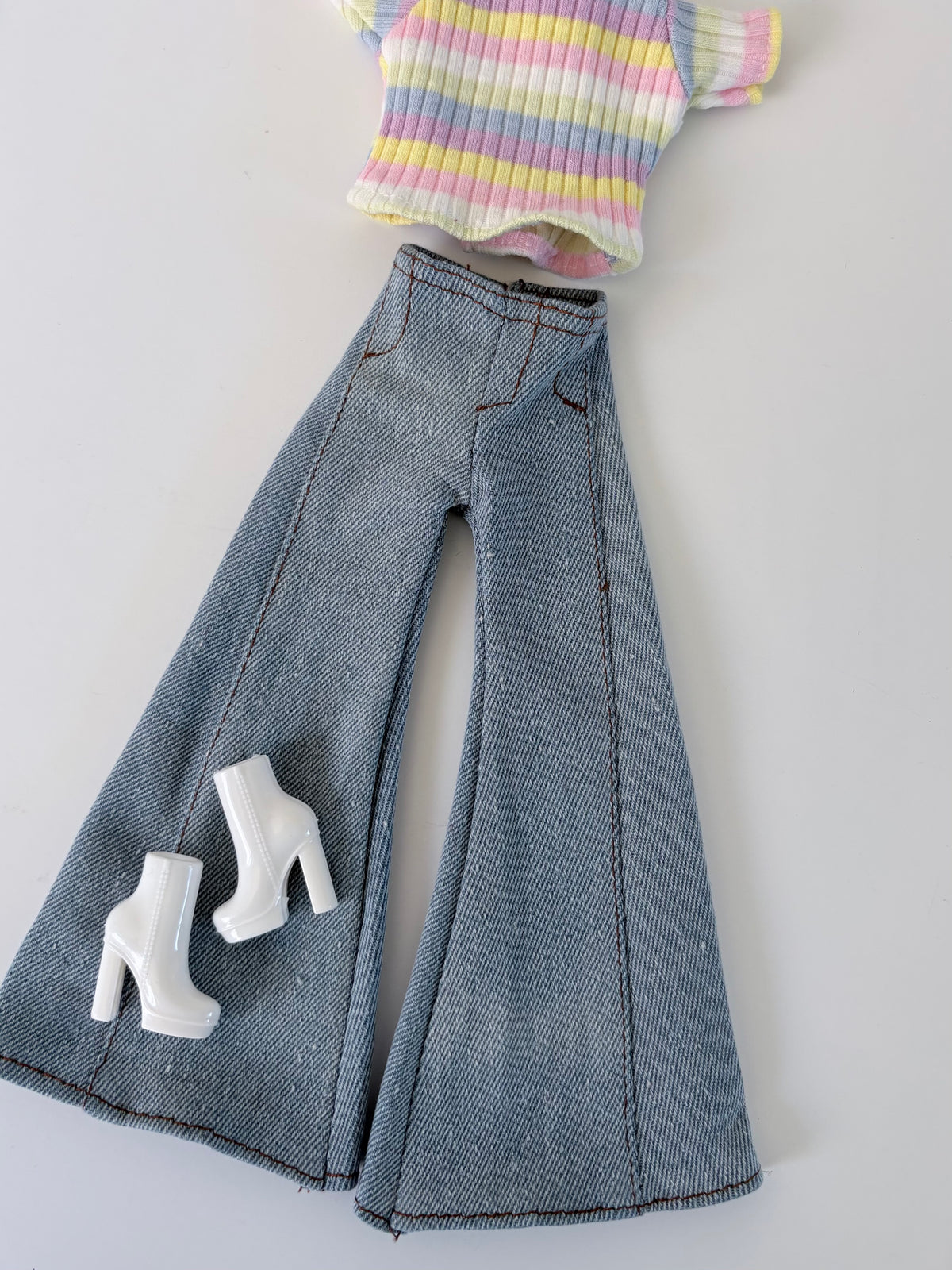Flare Jean Doll Outfit: Pastel Rainbow Top and Chic Big Bell Jeans, Fits 11.5 inch Fashion Doll