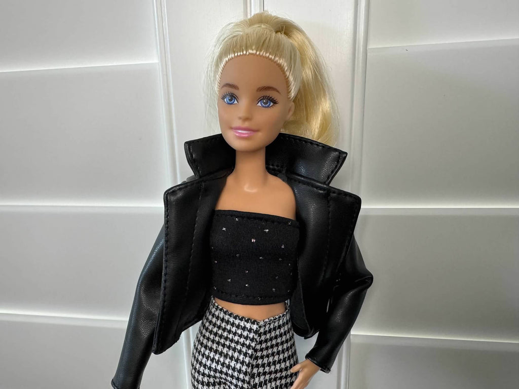 BB Doll clothes Houndstooth Doll Pant Outfit: Faux Leather Jacket - 1/6 Scale