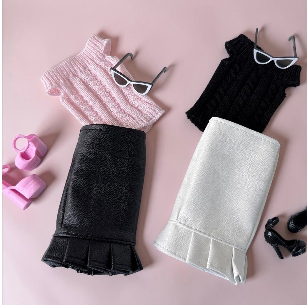 Faux Leather doll outfit:  Skirts, Shoes, Sunglasses, Pink Platform Shoes for 11.5” Fashion Dolls