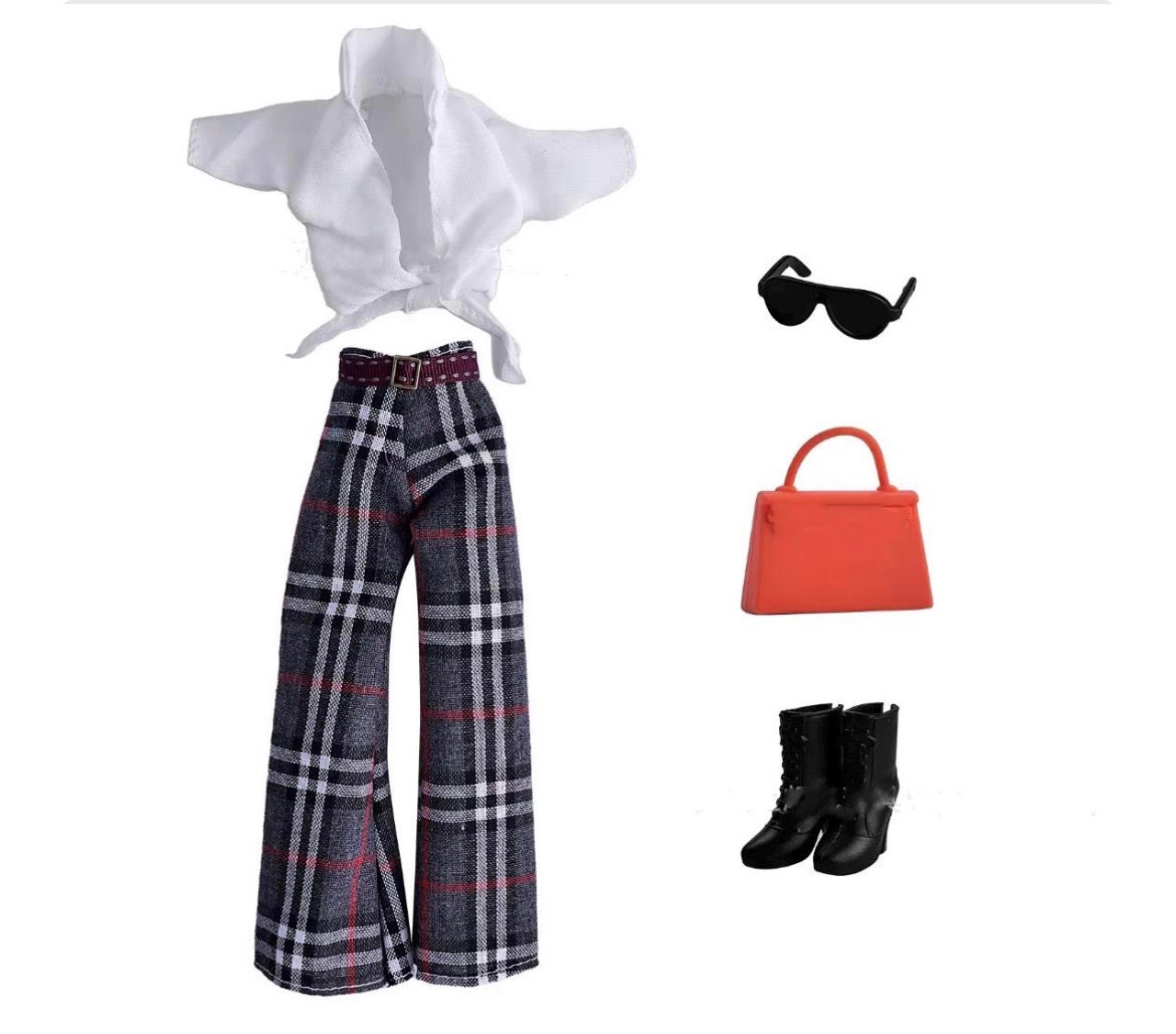 5 Pc Fashion Doll Plaid Black Pants, Clothes for Regular Dolls
