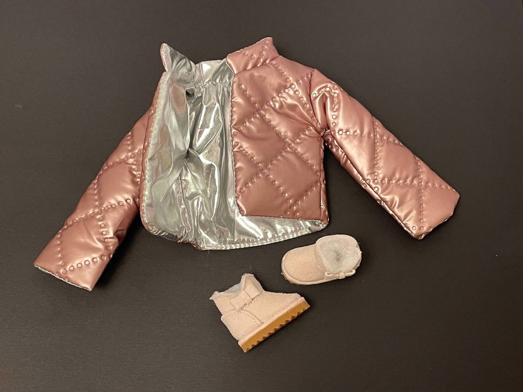 Pink Reversible Puffer Jacket with Silver Lining & UGG-Style Boots for 11.5-Inch Fashion Dolls – Fits Regular & Curvy