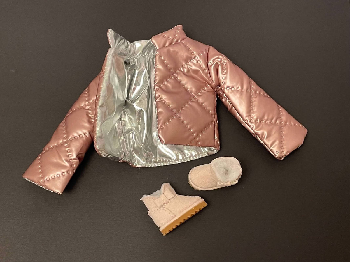 Pink Reversible Puffer Jacket with Silver Lining & UGG-Style Boots for 11.5-Inch Fashion Dolls – Fits Regular & Curvy