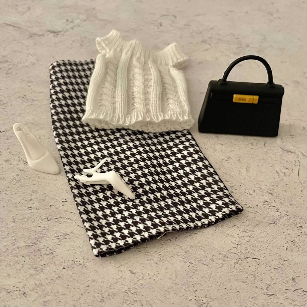 Houndstooth Doll Outfit with Knit Top and Midi Skirt Fits 11.5 Inch Fashion Dolls Outfit: Faux Leather Jacket, Boots - 1/6 Scale