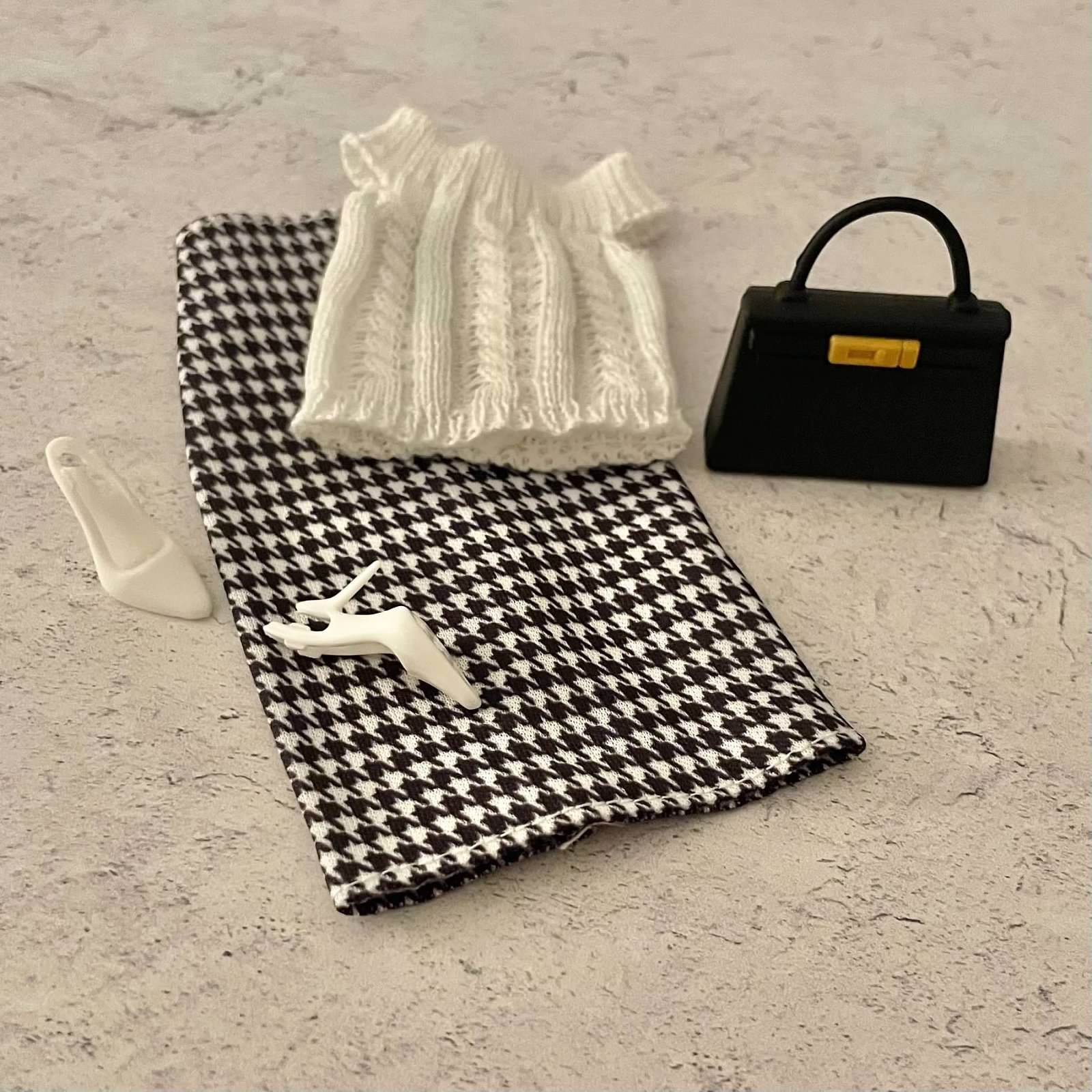 Houndstooth Doll Outfit with Knit Top and Midi Skirt Fits 11.5 Inch Fashion Dolls Outfit: Faux Leather Jacket, Boots - 1/6 Scale