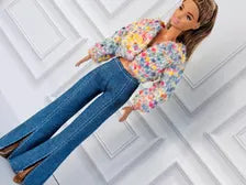 Confetti  Sweater Doll Outfit: Flared Jeans and Brown Boots Fits 11 1/2” Fashion Doll