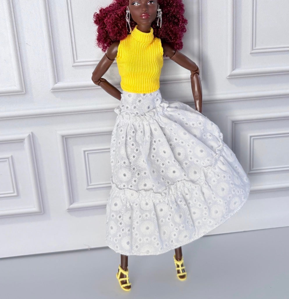 11.5 Inch Doll Boho Eyelet Ruffle Skirt Set with Mock Neck Top, Sandals