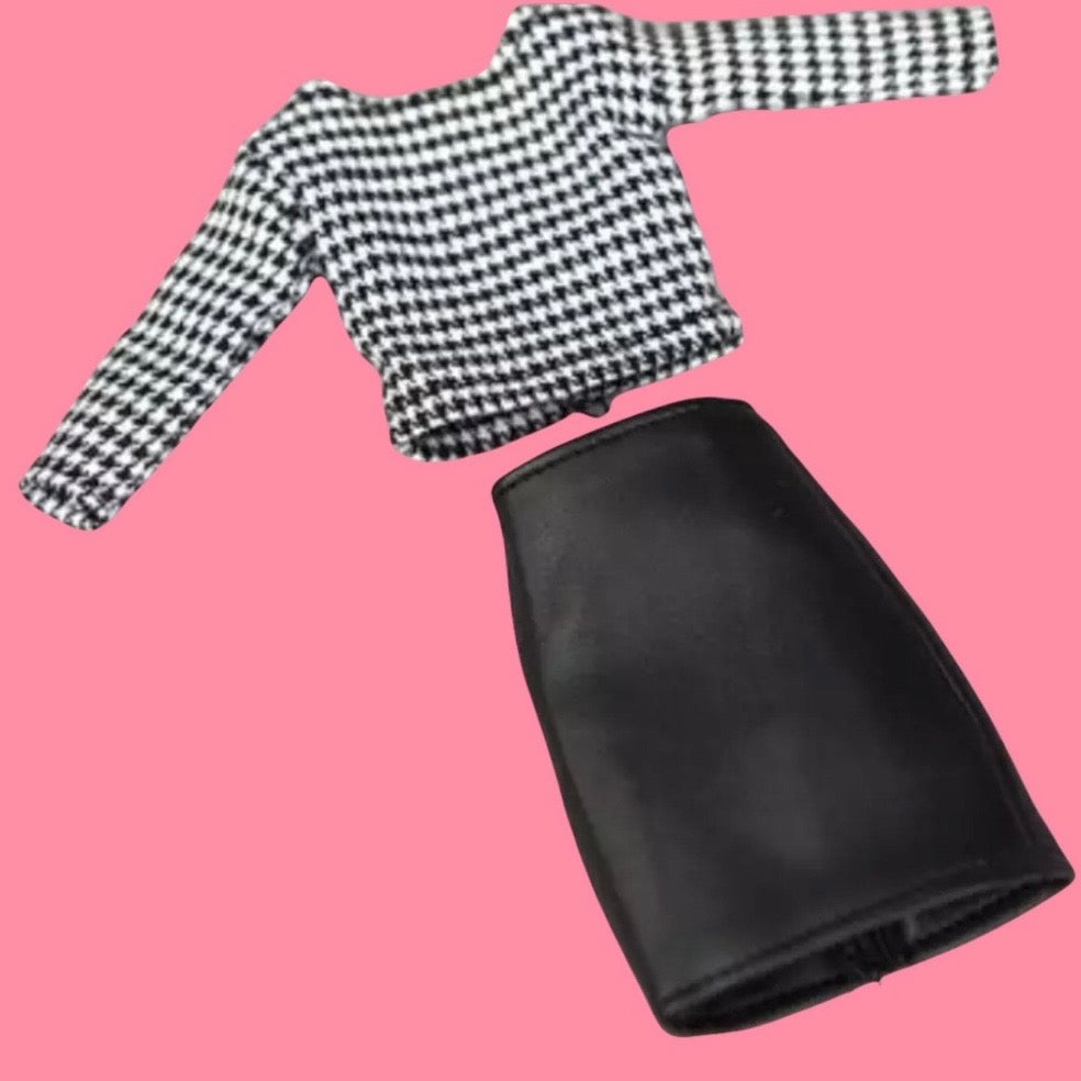 Doll clothes Houndstooth Doll Dress Outfit: Faux Leather Jacket, Boots - 1/6 Scale