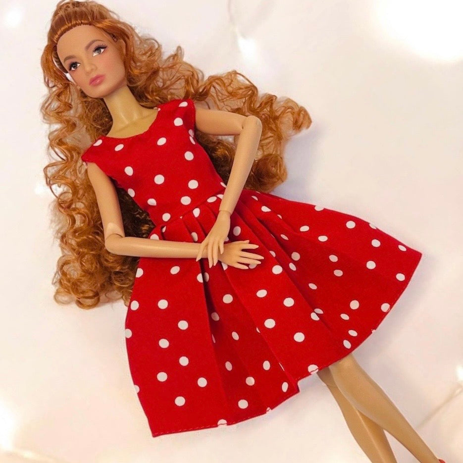 Polka Dot Doll Dress with Shoes and Jewelry, Retro 1:6 Scale Fashion Doll Outfit