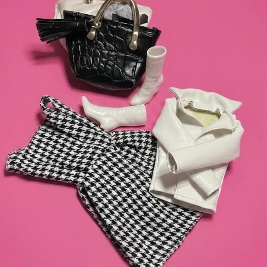 Doll clothes Houndstooth Doll Dress Outfit: Faux Leather Jacket, Boots - 1/6 Scale