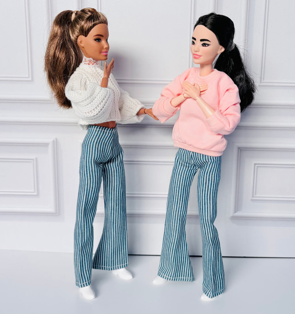 Striped Flare Jeans Doll Outfit – Sweater & Ankle Boots | Fits 11.5” Fashion Dolls