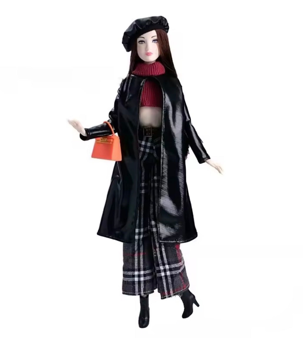 5 Pc Fashion Doll Plaid Black Pants, Mid length Coat, Clothes for Regular Dolls