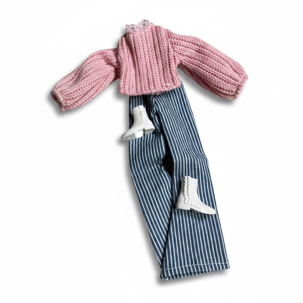 Striped Flare Jeans Doll Outfit – Sweater & Ankle Boots | Fits 11.5” Fashion Dolls