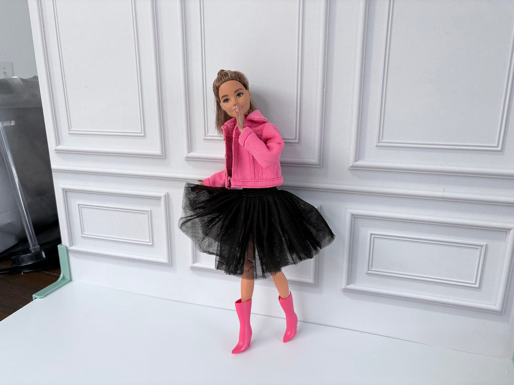 Pink and Black Doll Dress Outfit, Tulle Dress, Jacket & Boots, Fits MTMove Fashion Doll