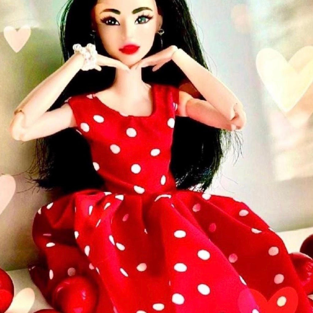 Polka Dot Doll Dress with Shoes and Jewelry, Retro 1:6 Scale Fashion Doll Outfit