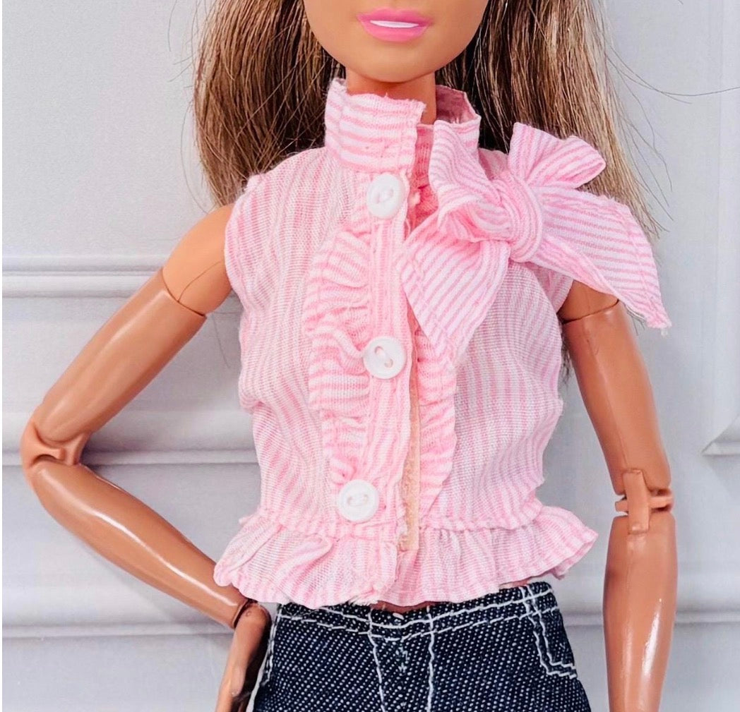 Flair Jeans Doll Outfit: Pink Ruffle Top and Backpack, Fits 11.5 inch Fashion Doll
