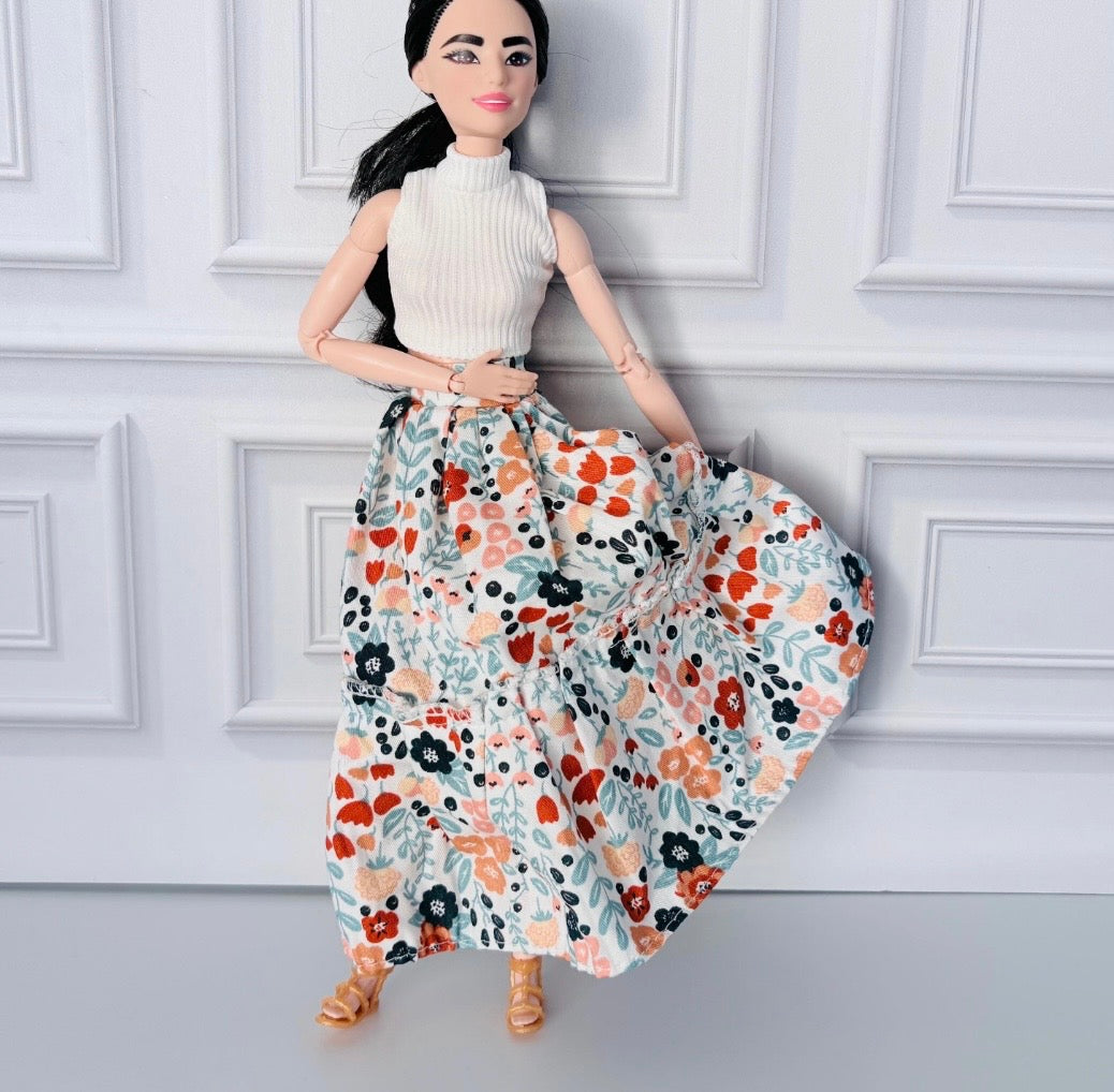 11.5 Inch Doll Outfit: Peasant Floral Skirt, White Top, Sandals – 60s Retro Style