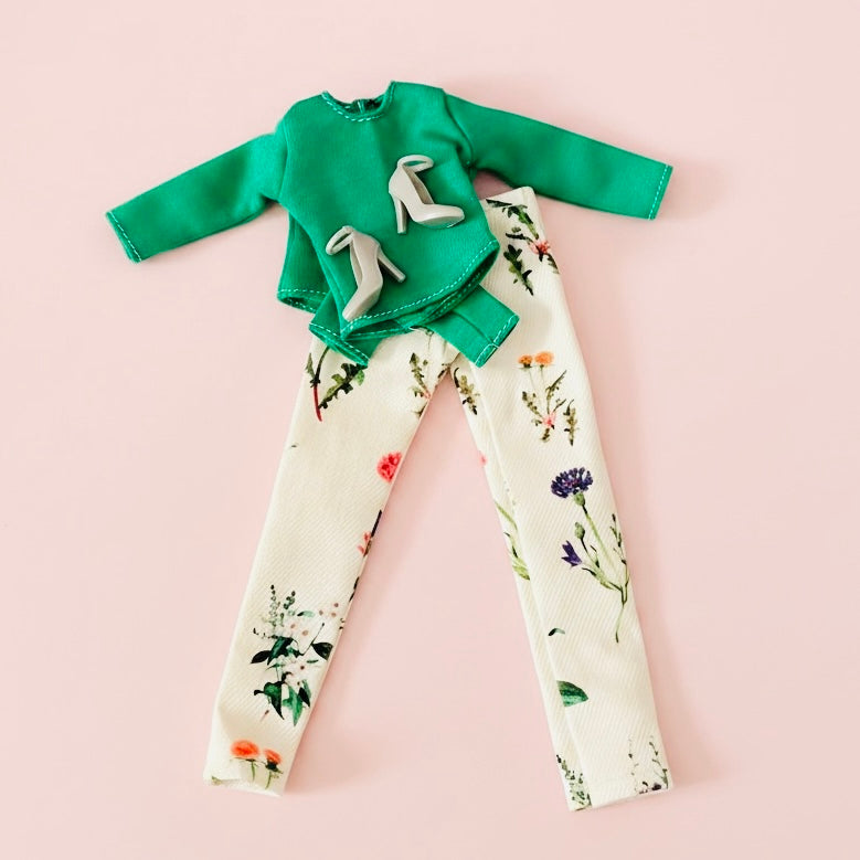 Floral Jean Doll Outfit: Green Long-sleeve Top and Shoes, Fits 11.5 inch Fashion Doll