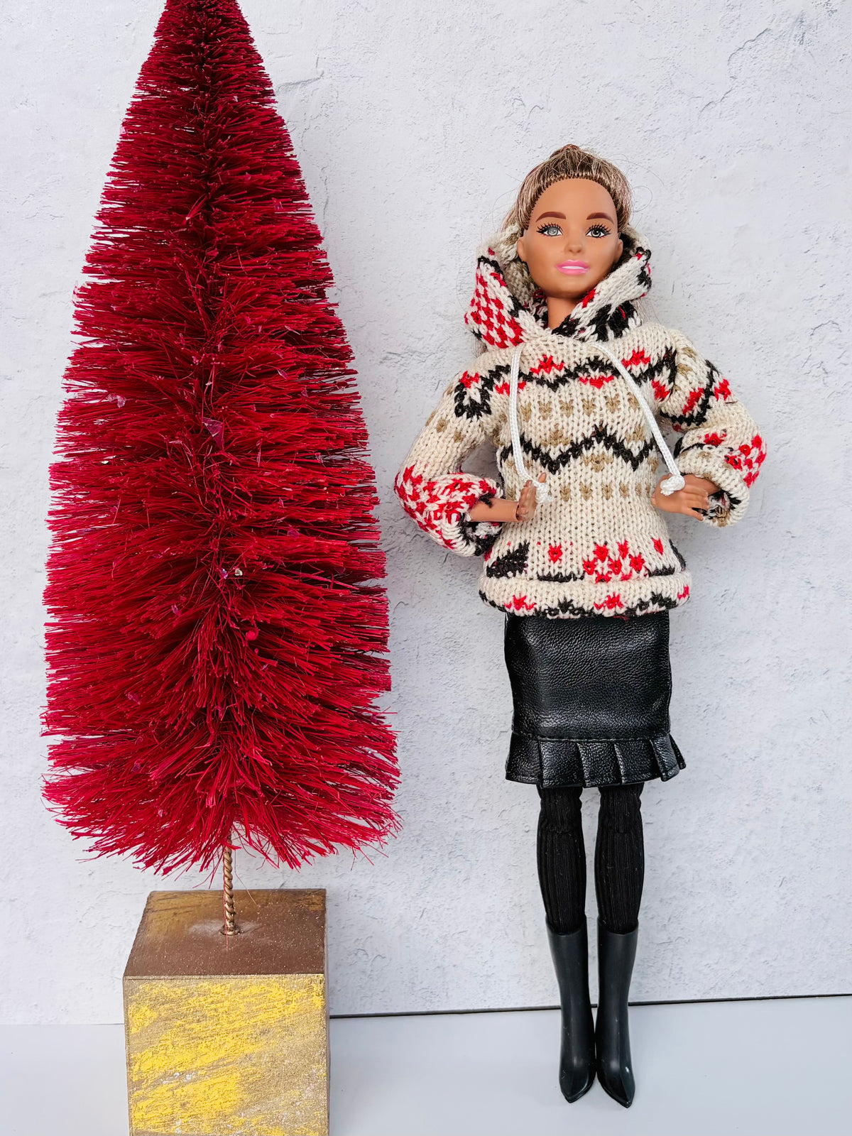 Fashion Doll Cozy Faux Leather doll outfit:  Skirt, Boots, Leggings, Hoodie, for 11.5” Fashion Dolls