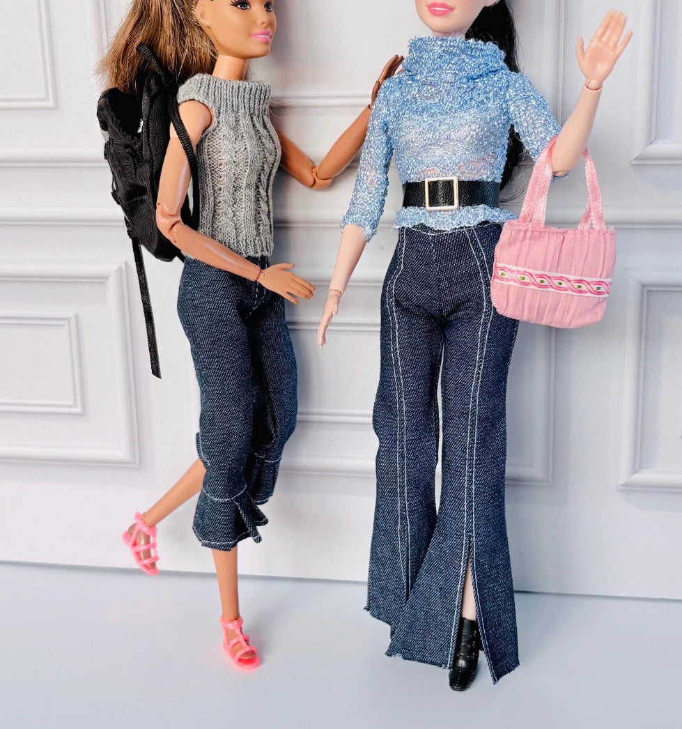 Retro Denim Peddle Pushers, Sweater, Sandals, Backpack,      11.5 Inch Fashion Doll Clothes Outfit