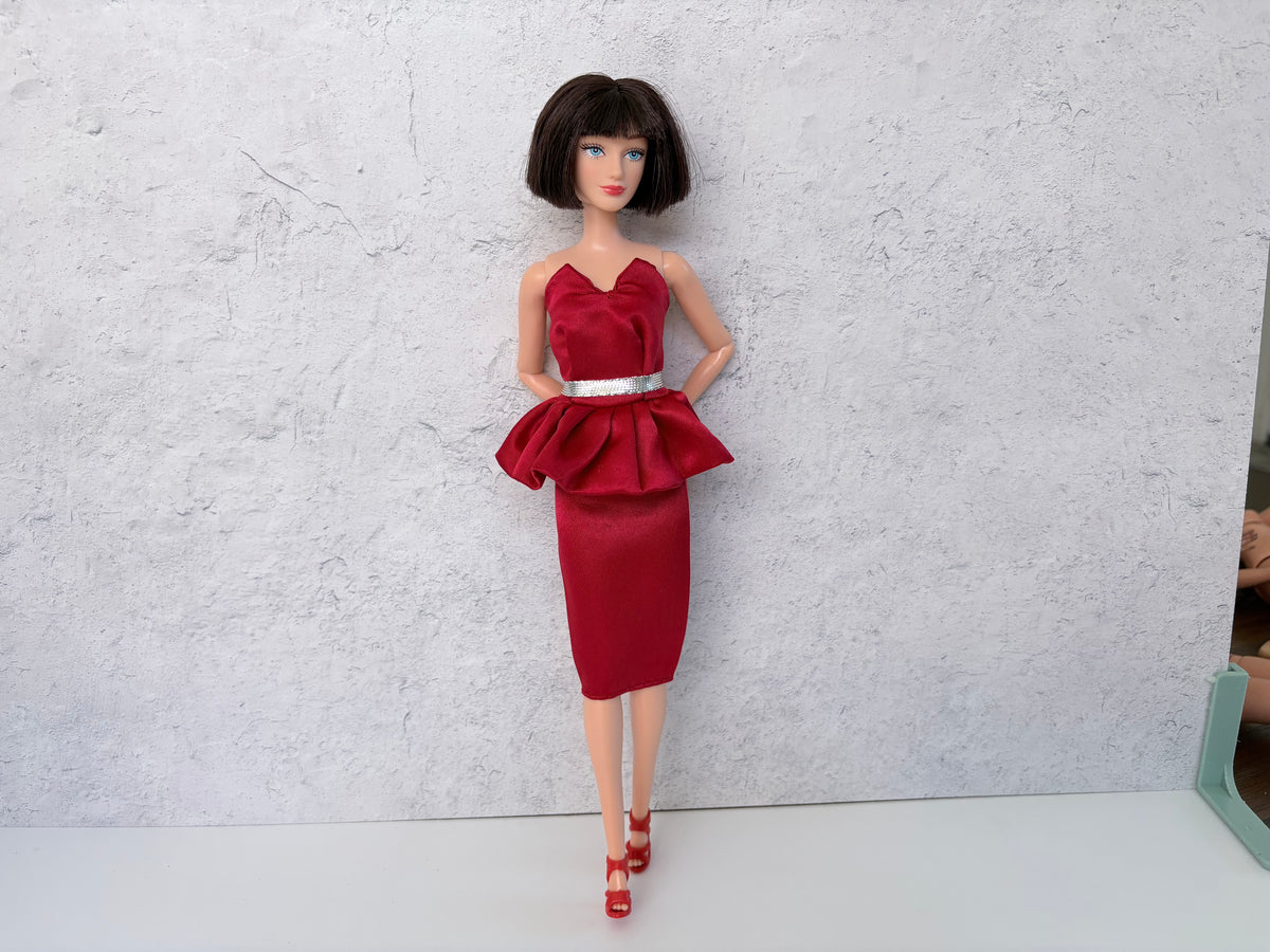 Doll Dress Red satin look with high heels: 2 pc Red dress Formal Outfit for 11.5"