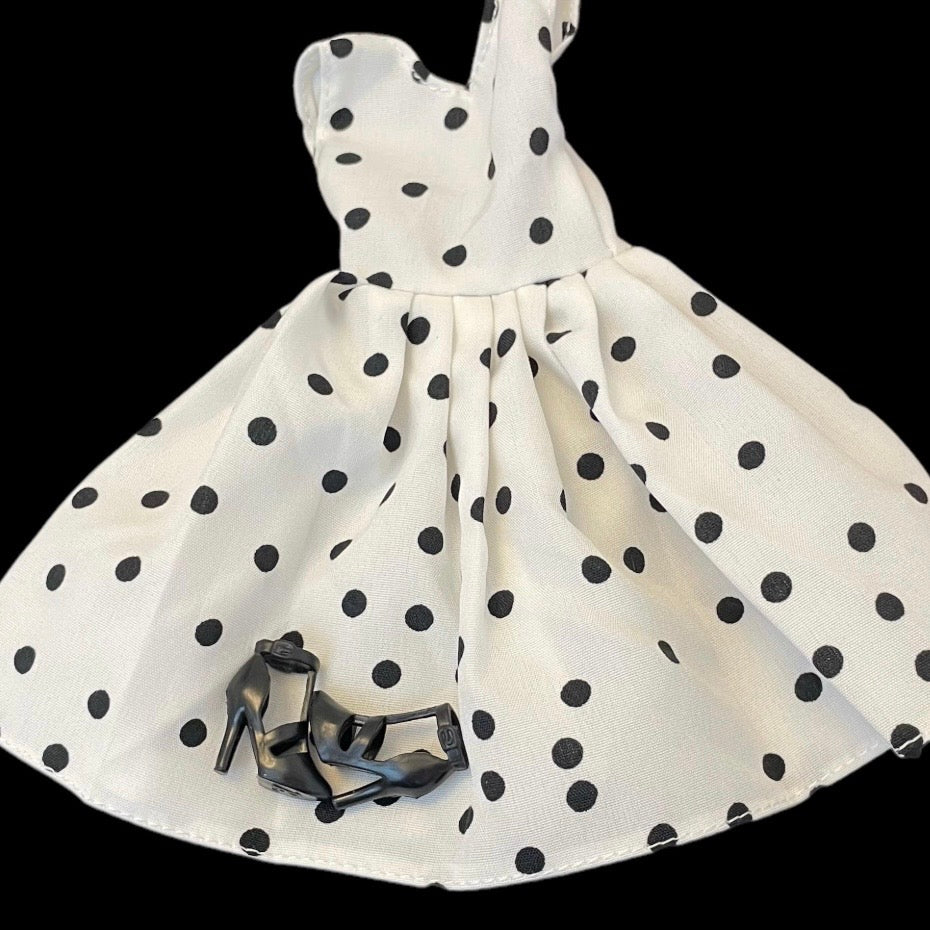 Polka Dot Doll Dress with Shoes and Jewelry, Retro 1:6 Scale Fashion Doll Outfit