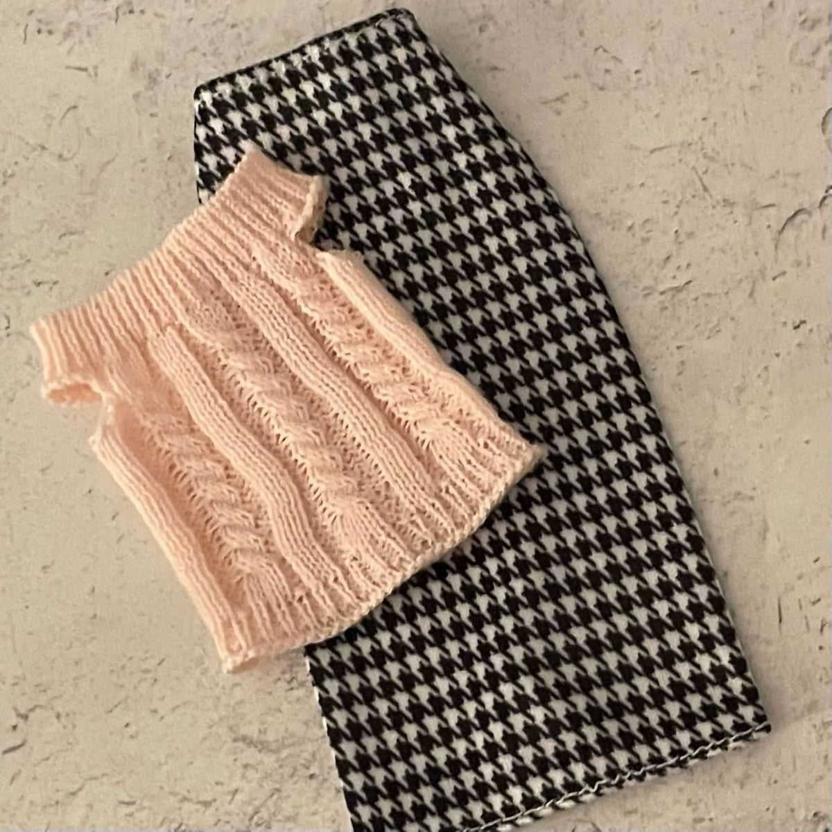 Houndstooth Doll Outfit with Knit Top and Midi Skirt Fits 11.5 Inch Fashion Dolls Outfit: Faux Leather Jacket, Boots - 1/6 Scale