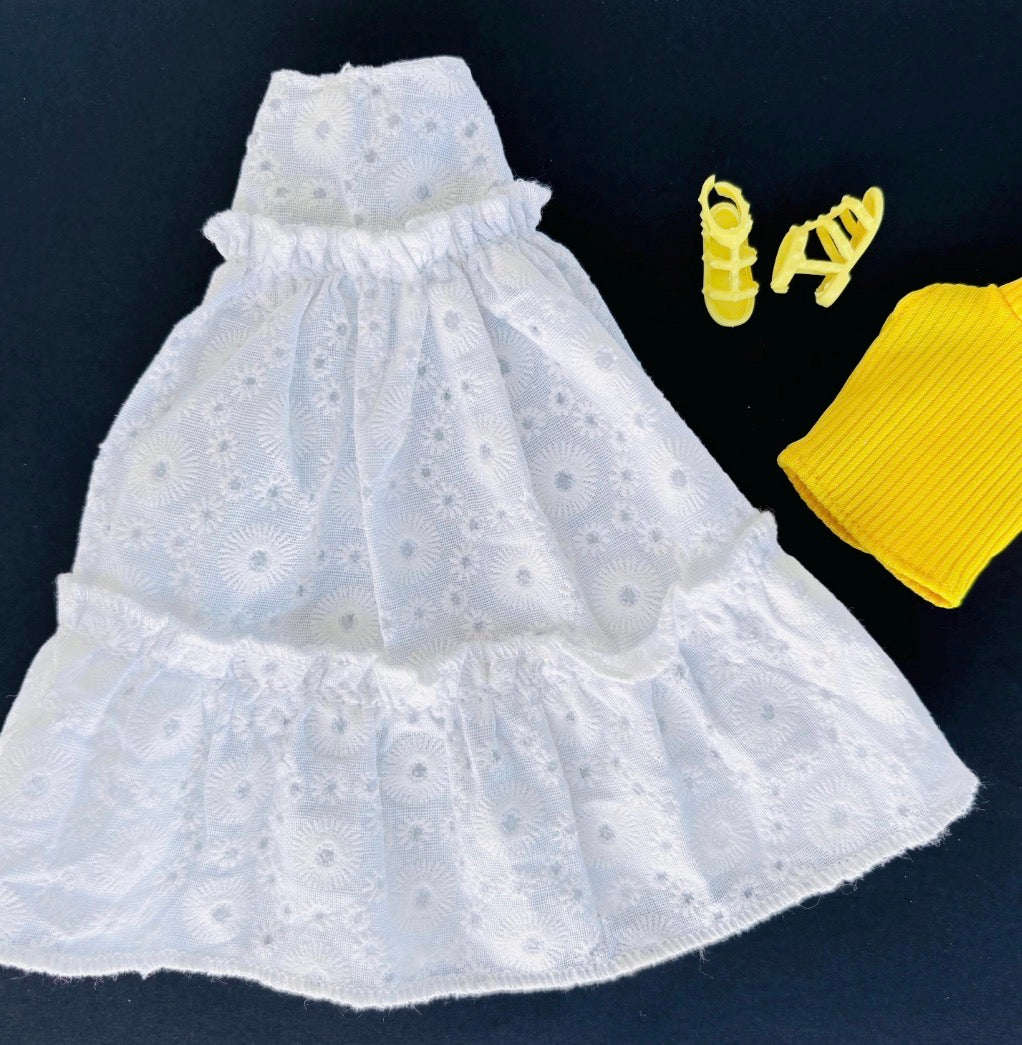 11.5 Inch Doll Boho Eyelet Ruffle Skirt Set with Mock Neck Top, Sandals