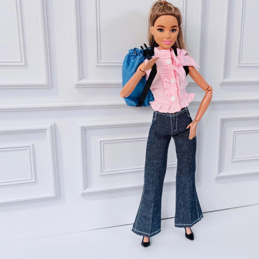 Flair Jeans Doll Outfit: Pink Ruffle Top and Backpack, Fits 11.5 inch Fashion Doll