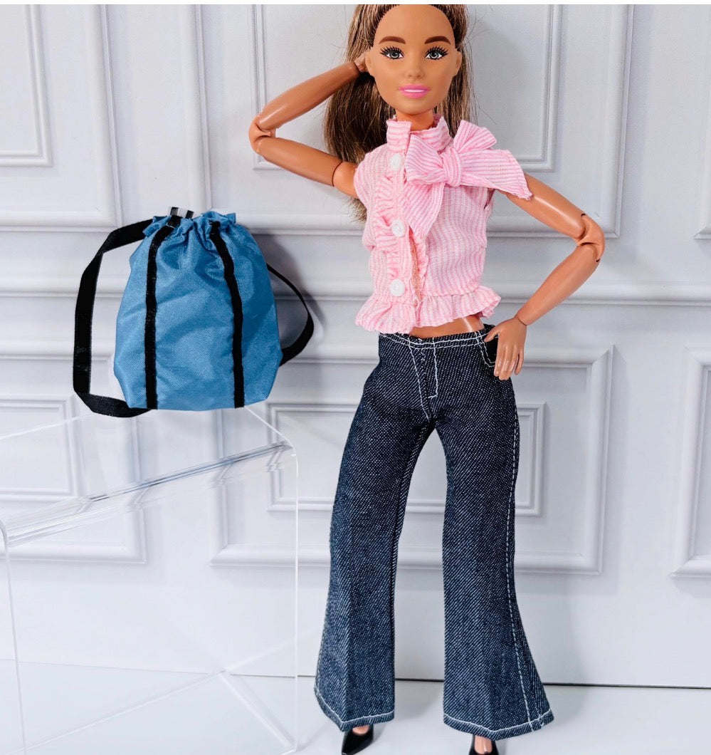 Flair Jeans Doll Outfit: Pink Ruffle Top and Backpack, Fits 11.5 inch Fashion Doll
