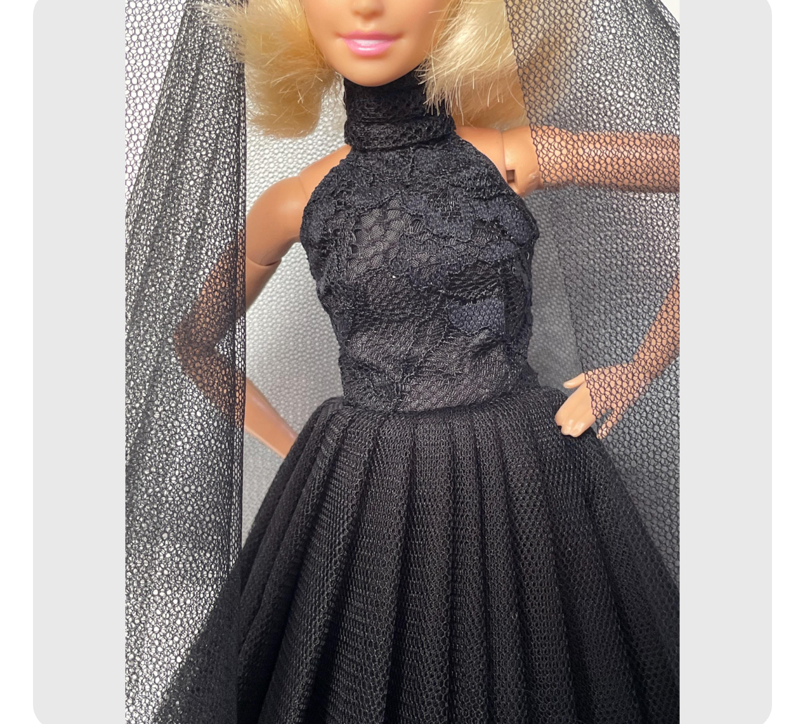 Fashion Doll Black Lace Doll Gown: Tulle Dress with Veil, 1:6 Scale