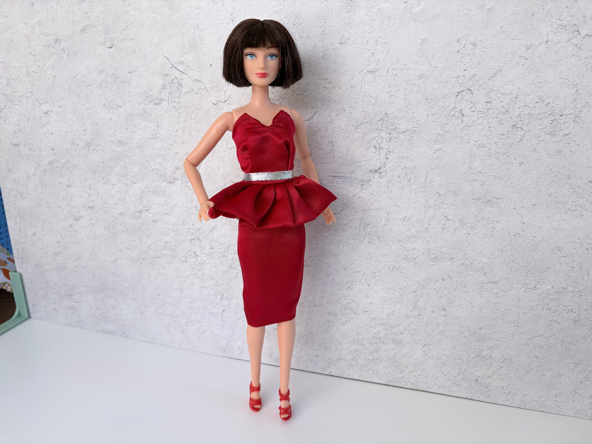 Doll Dress Red satin look with high heels: 2 pc Red dress Formal Outfit for 11.5"