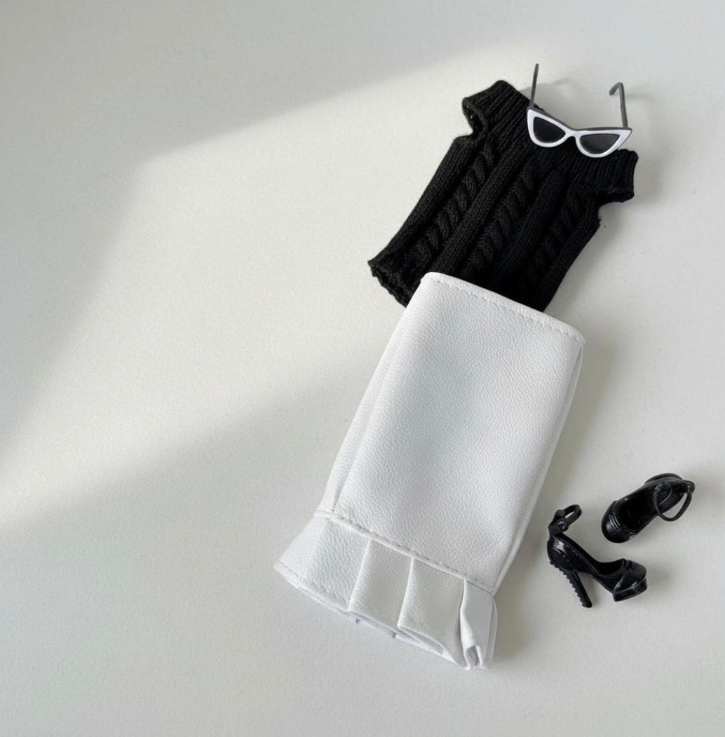 Faux Leather doll outfit:  Skirts, Shoes, Sunglasses, Pink Platform Shoes for 11.5” Fashion Dolls