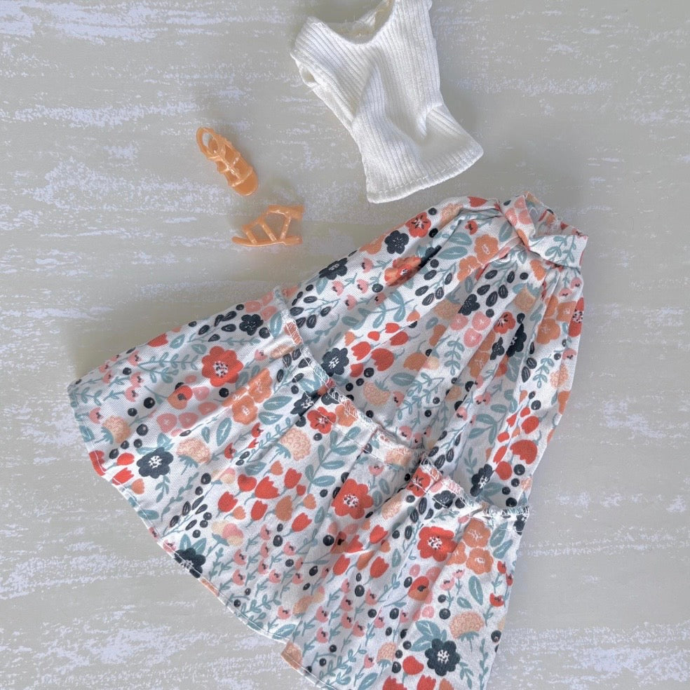11.5 Inch Doll Outfit: Peasant Floral Skirt, White Top, Sandals – 60s Retro Style