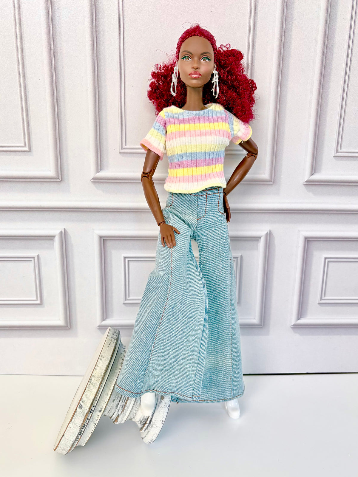 Flare Jean Doll Outfit: Pastel Rainbow Top and Chic Big Bell Jeans, Fits 11.5 inch Fashion Doll