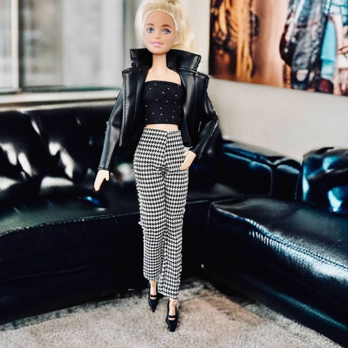 BB Doll clothes Houndstooth Doll Pant Outfit: Faux Leather Jacket - 1/6 Scale
