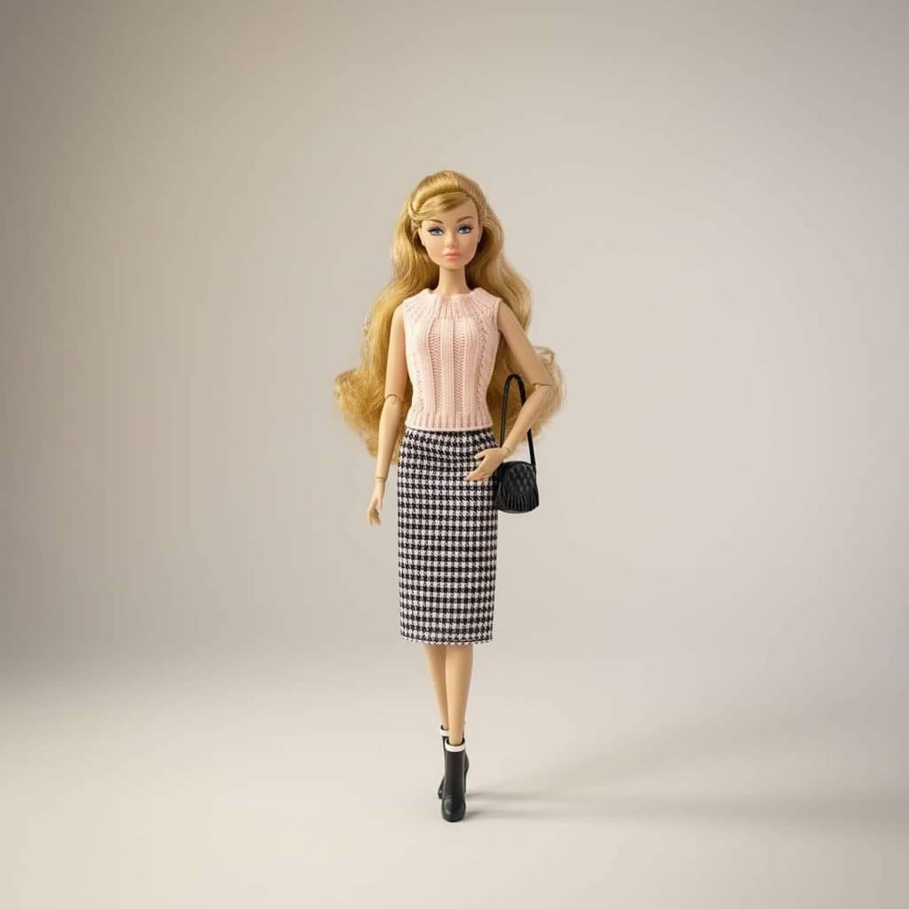 Houndstooth Doll Outfit with Knit Top and Midi Skirt Fits 11.5 Inch Fashion Dolls Outfit: Faux Leather Jacket, Boots - 1/6 Scale