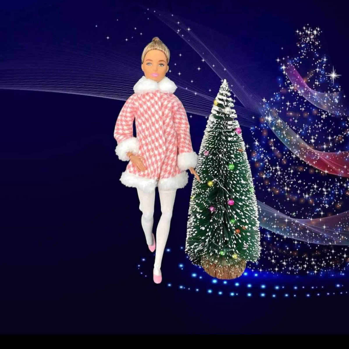 Pink Hounds Tooth Doll Coat, Made to Move and Older, Boots, stockings and leggings,￼ Fits MTM 11.5" Fashion Doll