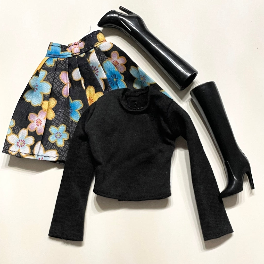 Regular Fashion Doll Floral Skirt Outfits – Boots & Knit Tops