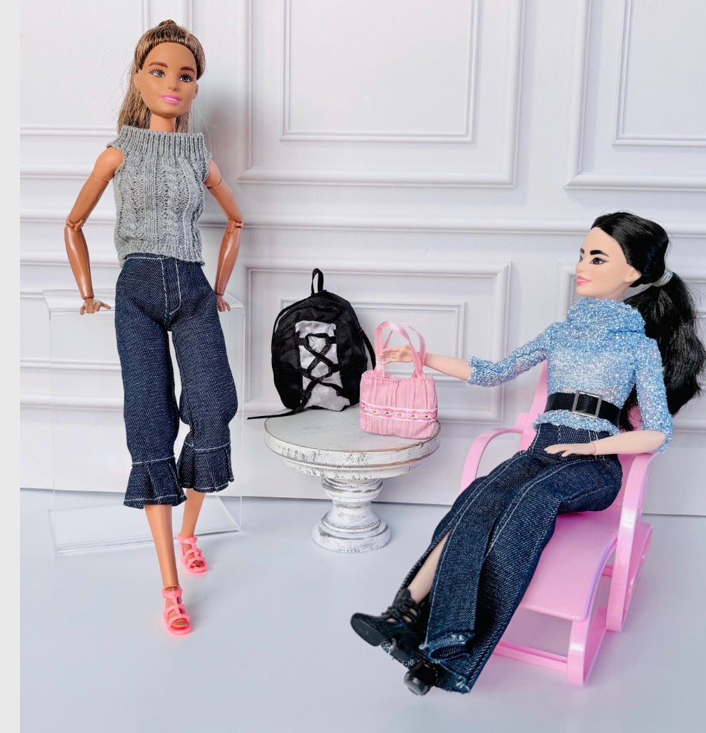 Retro Denim Peddle Pushers, Sweater, Sandals, Backpack,      11.5 Inch Fashion Doll Clothes Outfit