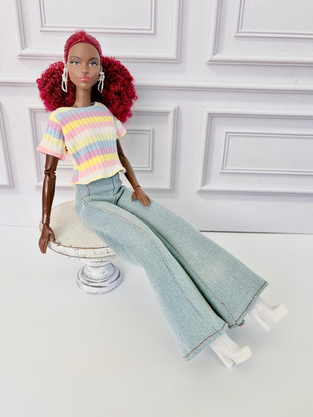 Flare Jean Doll Outfit: Pastel Rainbow Top and Chic Big Bell Jeans, Fits 11.5 inch Fashion Doll