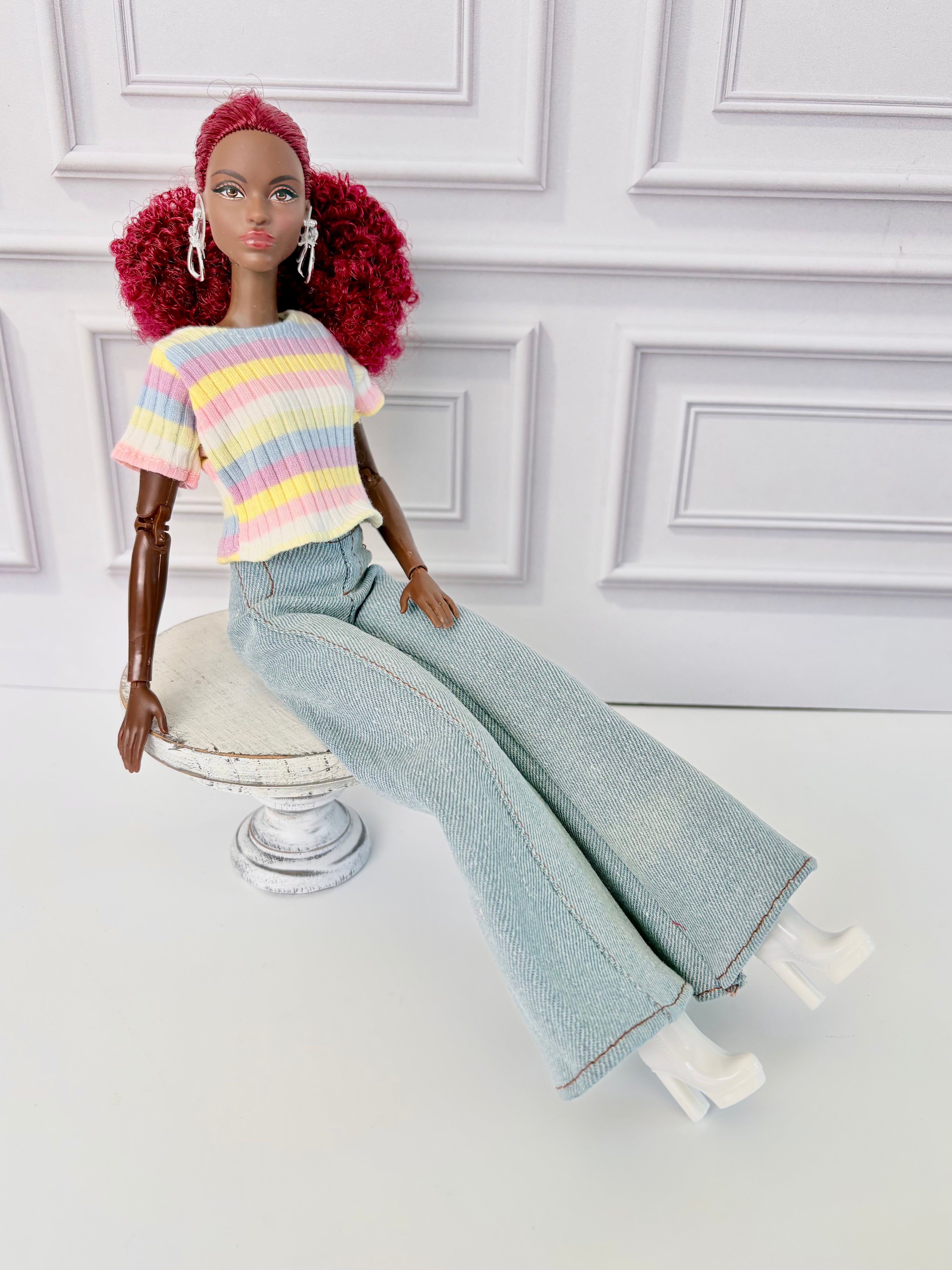 Flare Jean Doll Outfit: Pastel Rainbow Top and Chic Big Bell Jeans, Fits 11.5 inch Fashion Doll