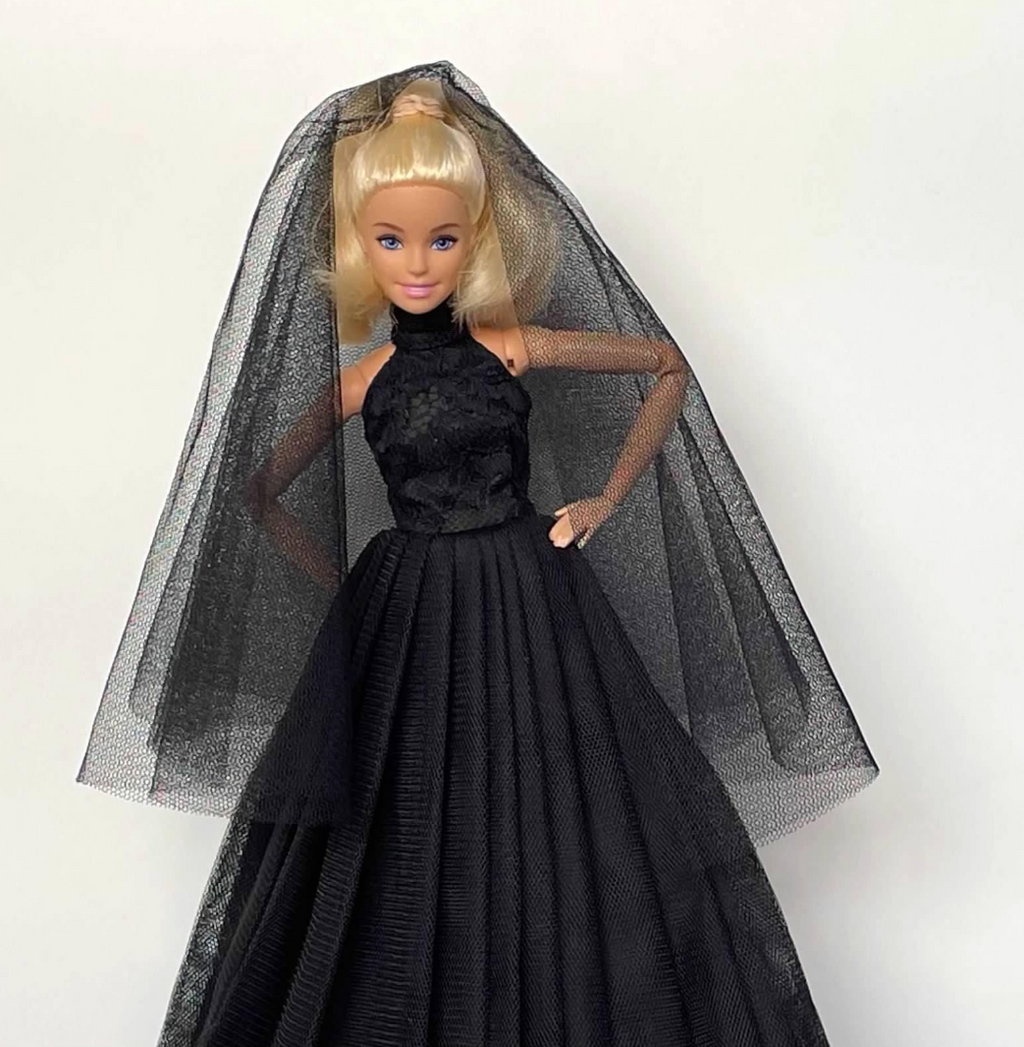 Fashion Doll Black Lace Doll Gown: Tulle Dress with Veil, 1:6 Scale