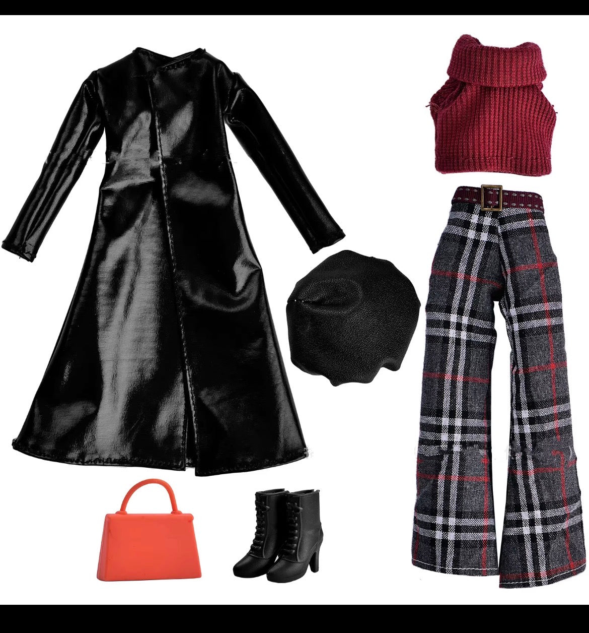 5 - 6 Pc Fashion Doll Plaid Black Pants, Mid length Coat, Clothes for Regular Dolls