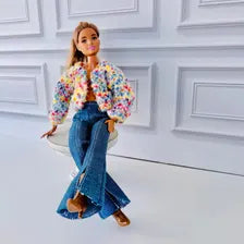 Confetti  Sweater Doll Outfit: Flared Jeans and Brown Boots Fits 11 1/2” Fashion Doll