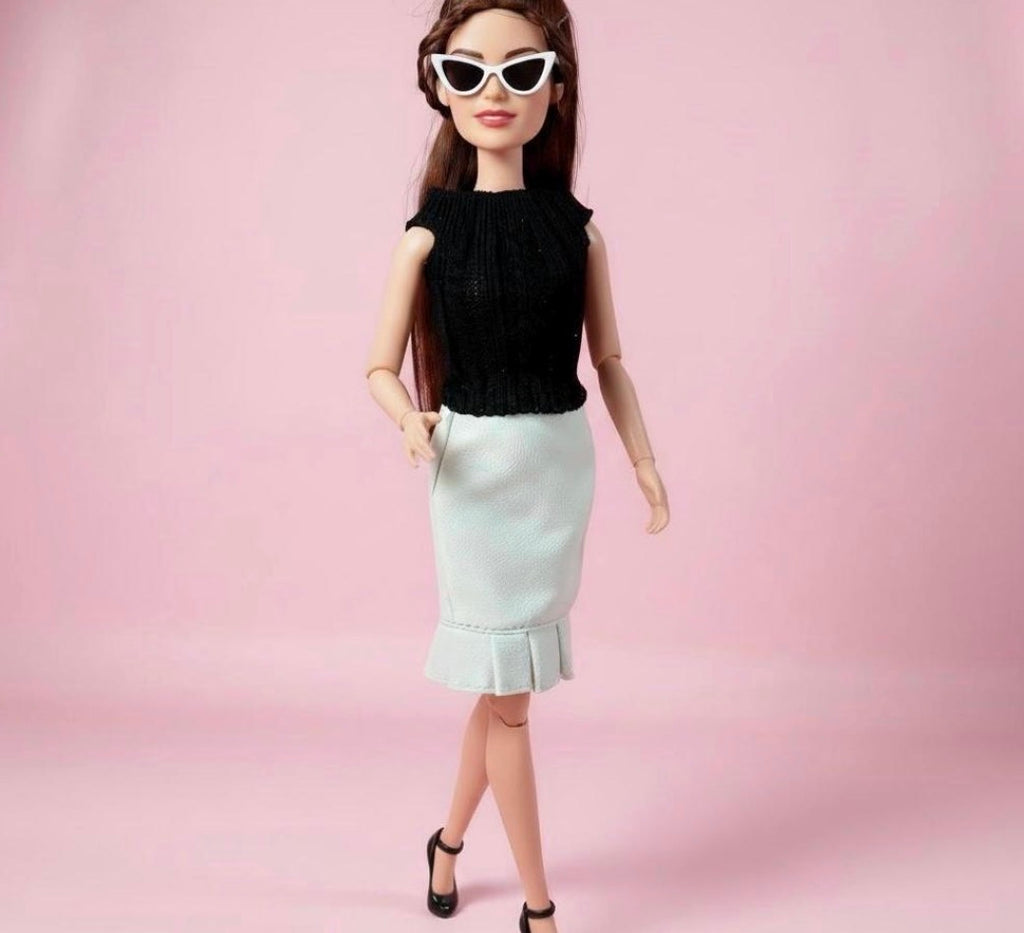 Faux Leather doll outfit:  Skirts, Shoes, Sunglasses, Pink Platform Shoes for 11.5” Fashion Dolls