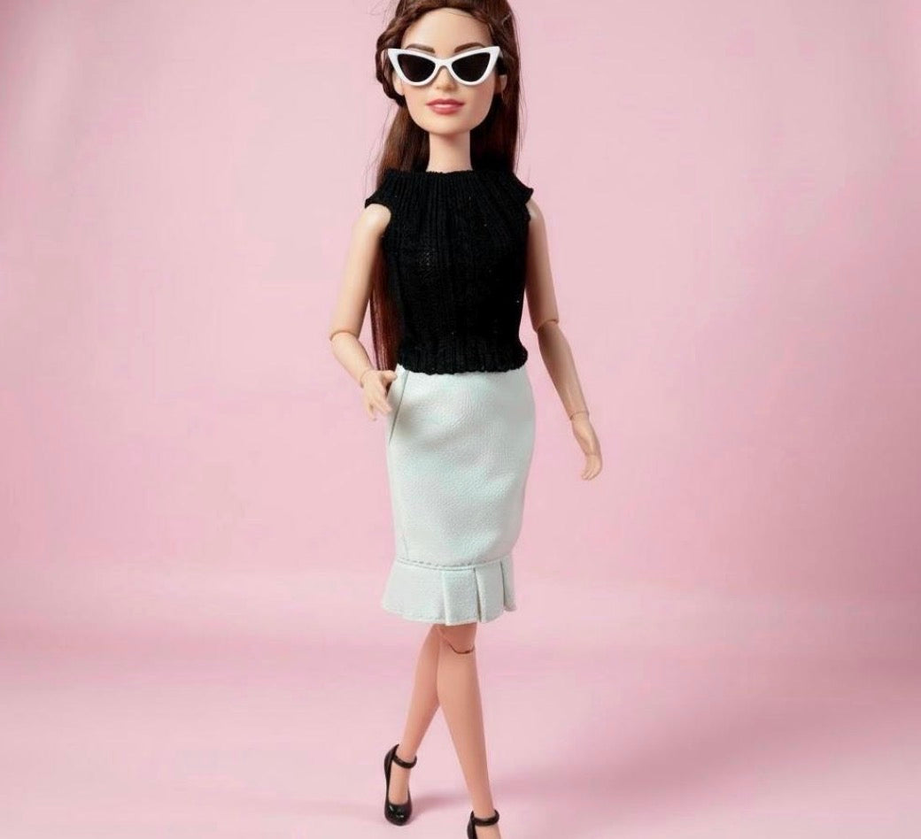 Faux Leather doll outfit:  Skirts, Shoes, Sunglasses, Pink Platform Shoes for 11.5” Fashion Dolls